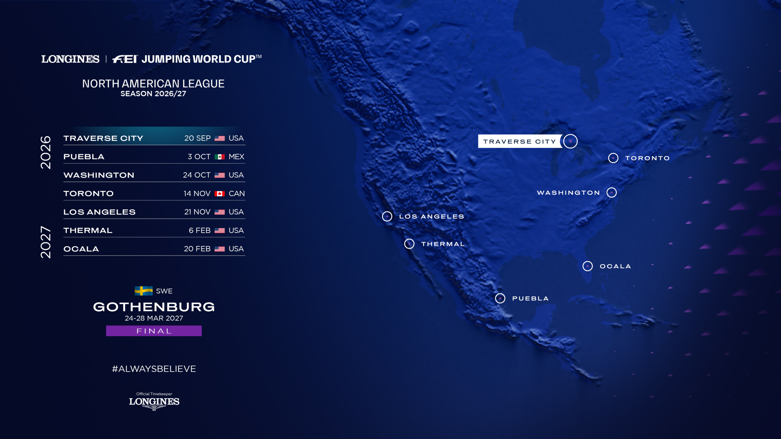 Map of the 2026–27 Longines FEI Jumping World Cup North American League qualifiers, beginning in Traverse City